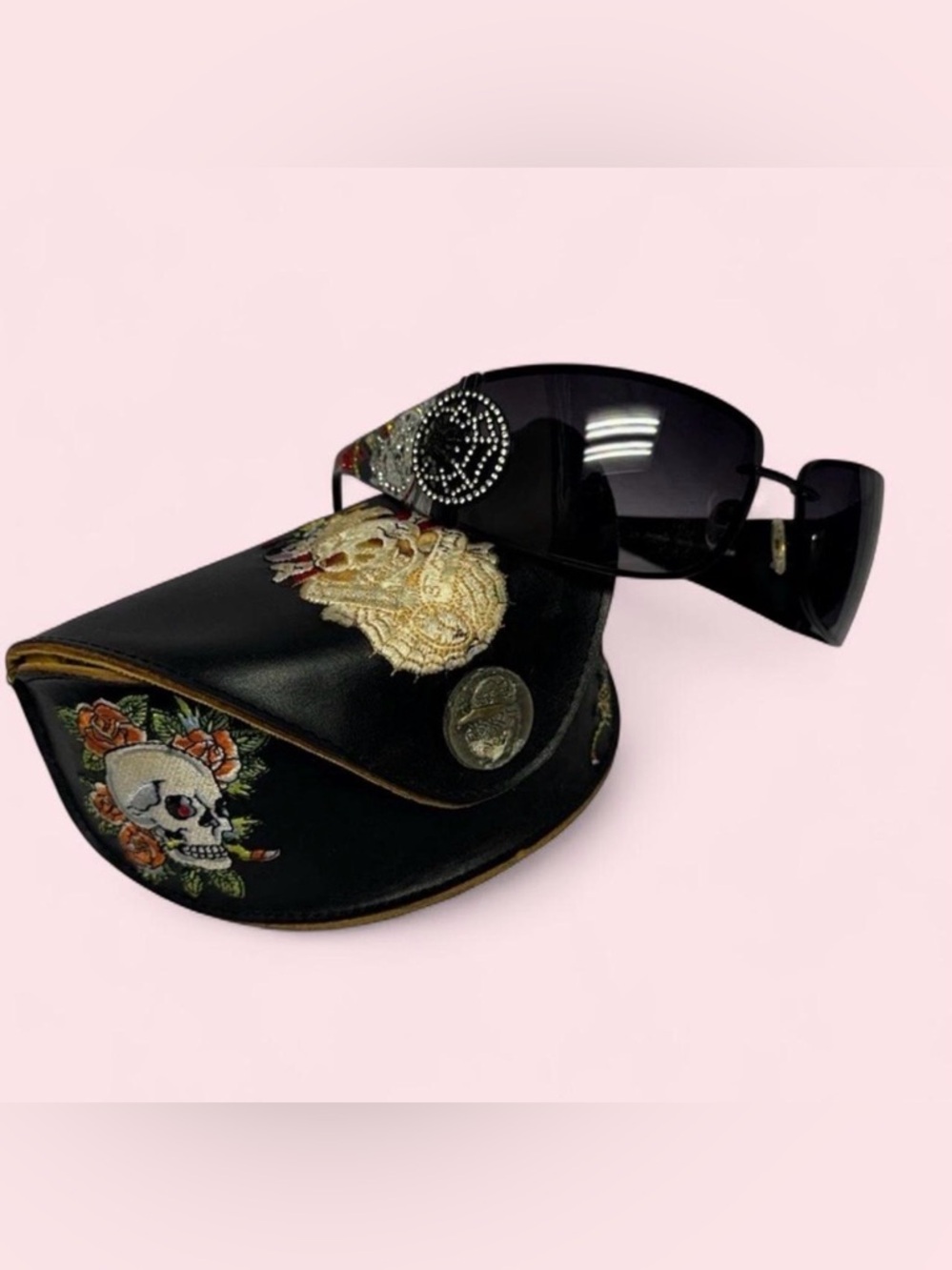 SOLD Vintage Ed Hardy Y2K Black Rhinestone Skull Sunglasses with Case